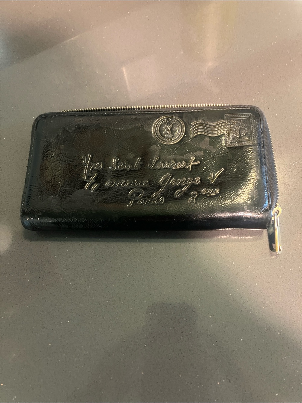 Yves Saint Laurent Y-Mail Black Patent Leather Zip Wallet with Embossed Script